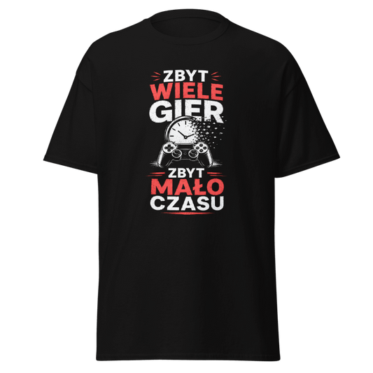 Koszulka T-Shirt Rizer z napisem "Zbyt Wiele Gier Zbyt Mało Czasu" na białym tle, wygodny t-shirt dla fanów gier komputerowych.