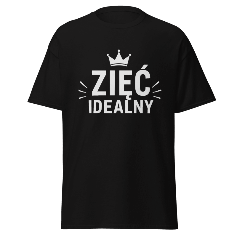 Koszulka Rizer "Zieć Idealny" na białym tle, czarny nadruk i klasyczny krój t-shirt, wygodny i modny t-shirt.