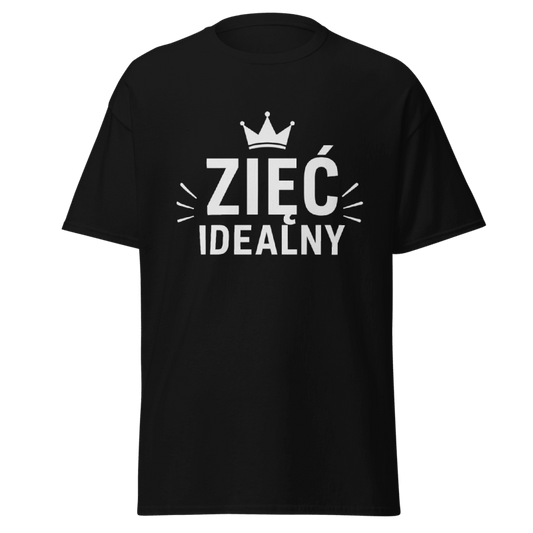 Koszulka Rizer "Zieć Idealny" na białym tle, czarny nadruk i klasyczny krój t-shirt, wygodny i modny t-shirt.